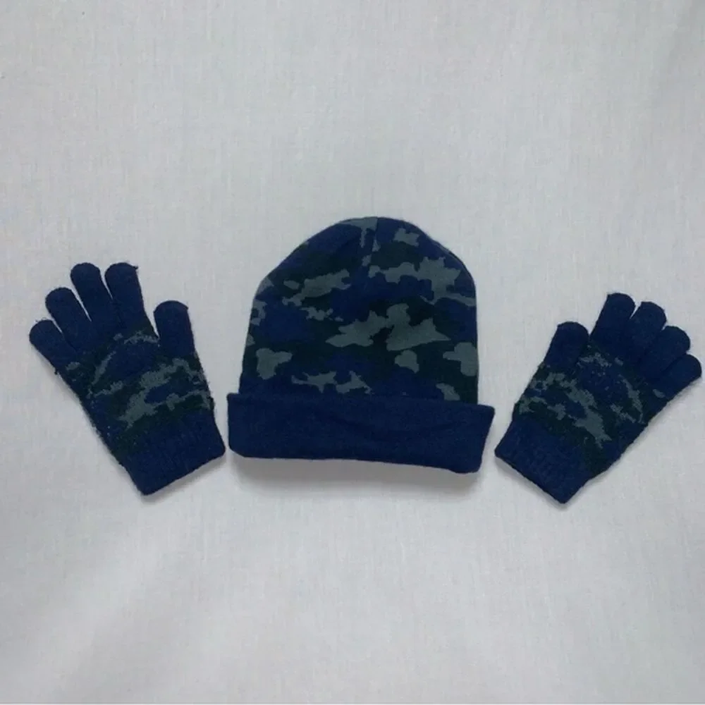 Blue Camouflage Winter Beanie Hat Glove Set Cap Snow Warm